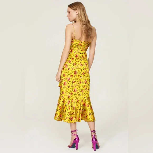 Cinq a Sept Katz Provence Dress 14 Yellow Floral Ruched Satin Midi Formal - Picture 15 of 16